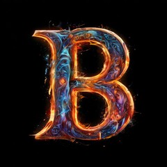 A bold 3D digital illustration of the letter B crafted from swirling fiery orange and blue patterns on a dark background. The intense color contrast and dynamic shapes evoke a sense of energy and