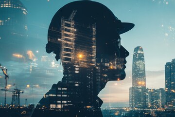 Poster - Double exposure of civil engineer silhouette at night construction site with designers collaborating