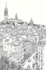 Marseille, France, black and white pen pencil hand-drawn effect portrait drawing illustration for travel poster, card, wallpaper, backdrop or banner. Modern, clear, artistic and simple