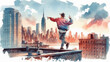 © Dmytriy - Illustration of a guy dancing on a rooftop in the city with skyscrapers in the background, showing the urban environment and the concept of freedom