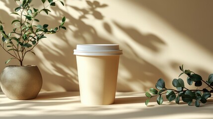 Paper coffee cup with a brown sleeve on a table in a modern café, with a blurred background