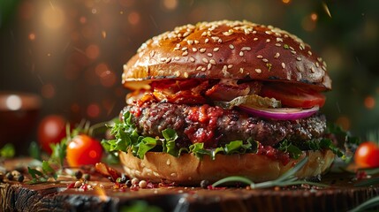 Juicy Beef Burger with Sesame Seeds and Toppings - Food Photography