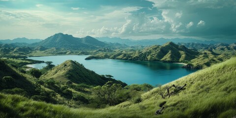 Wall Mural - Lush green hills surrounding a turquoise bay.