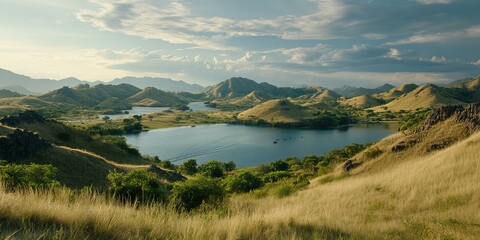 Sticker - Picturesque landscape with rolling hills and a lake.