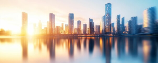 City skyline at dusk, buildings glowing with golden light, reflecting off a calm river, serene and vibrant glowtime moment