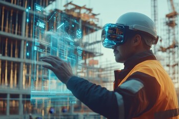 Poster - futuristic architect in augmented reality headset designing 3d building models at a site