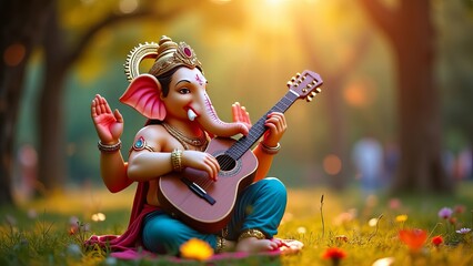 Lord Ganesha Statue Playing Guitar in Serene Forest Setting