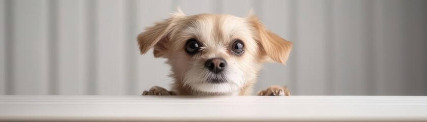 Puppy peeking over a table, curious eyes and ears perked, playful mood in a cozy home peekaboo, puppy