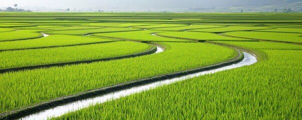 Rice field irrigation system with water flowing through channels, highlighting efficient water use rice industry, rice field irrigation