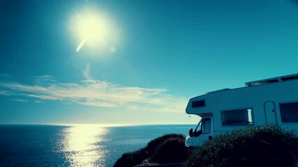 Canvas Print - Camper rv camping on coast sea shore at sunny day. Holidays in Spain in wintertime, travel with motor home.
