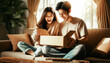 © ZaStock - A couple is sitting on a couch, excitedly unboxing a surprise package in their warmly lit living room. Their expressions reflect joy and anticipation