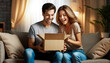 © ZaStock - A joyful couple sits on a comfortable couch, excitedly unboxing a surprise gift in a warmly lit living room. Their expressions are filled with delight and anticipation