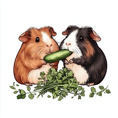 A pair of guinea pigs sharing a vegetable, cute interaction, watercolor illustration, soft and warm, isolated on white background