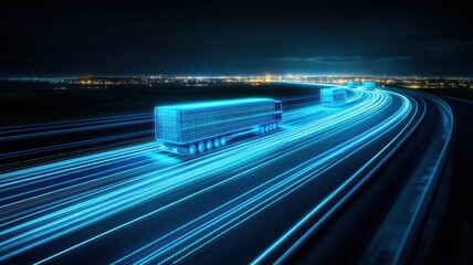 A glowing truck travels along a highway, showcasing speed and technology in a futuristic nightscape.