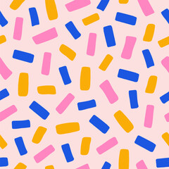 Poster - Abstract seamless pattern with colorful confetti or sugar sprinkles. Playful festive backdrop. Pop art style textures. Vector illustration