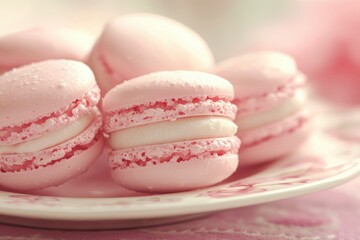 Wall Mural - Pink Macarons with White Filling on a White Plate