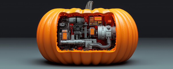 Futuristic Technology Pumpkin, Industrial Machinery and Electronics Inside, Professional Halloween Background. Technology Company, Equipment Supplier, Engineering, Corporate Business. Cutout Diagram