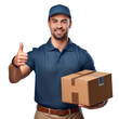 © Rgfx - Smiling delivery man holding box and giving thumbs up Cut out