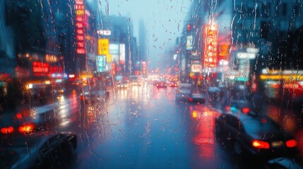 Wall Mural - Cityscape view through a rain-soaked window at night.