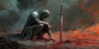 © jambulart - A defeated knight kneels in blood, sword planted.