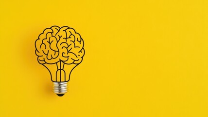 Wall Mural - an innovative concept combining a brain and a light bulb on a vibrant yellow background, symbolizing
