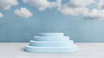 Wall Mural - Blue Cylindrical Pedestal Mockup with Cloudy Background for Product Displays