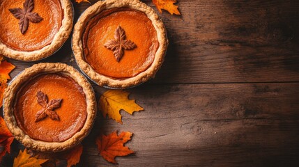 Wall Mural - Pumpkin pies with decorative fall leaves on top, captured from above. Perfect for a festive autumn gathering.