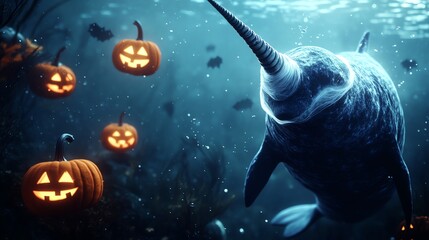 A whimsical underwater scene featuring a narwhal swimming among glowing Halloween pumpkins, creating a magical atmosphere.