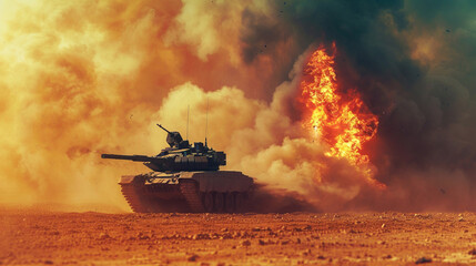 Armored tank crosses a mine field during war invasion epic scene of fire and some in the desert, wide poster design with copy space