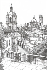 Morelia, Mexico, black and white pen pencil hand-drawn effect portrait drawing illustration for travel poster, card, wallpaper, backdrop or banner. Modern, clear, artistic and simple