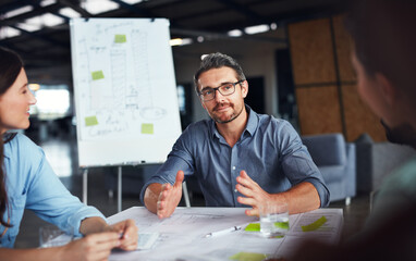 Poster - Business, people and boss in boardroom on meeting for planning, brainstorming and strategy. Office, employees and discussion with whiteboard for presentation, feedback and report on company growth