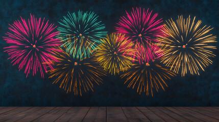 Wall Mural - Festive Fireworks Display with Wooden Floor for Your Designs