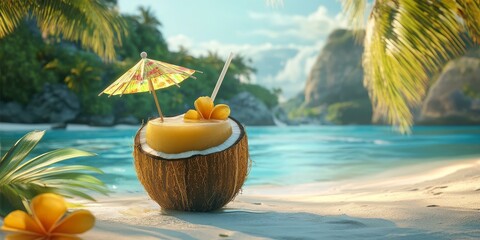 Wall Mural - Coconut drink with umbrella on tropical beach.