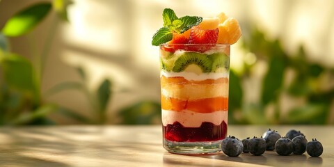 Canvas Print - Layered fruit dessert with blueberries.