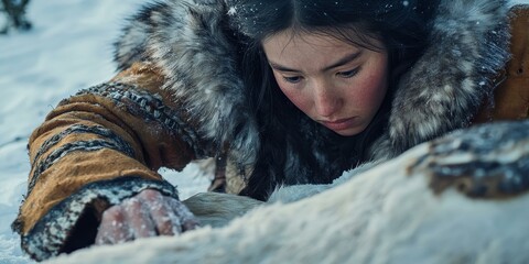 woman in fur coat touching white animal in snow.