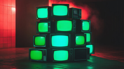 Fototapete - 3d rendered stack of classical old televisions, aged green screen tv monitors, panorama vintage chrome key TVs, vintage video element cinematic red lighting composition dynamic scene