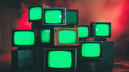 Fototapete - 3d rendered stack of classical old televisions, aged green screen tv monitors, panorama vintage chrome key TVs, vintage video element cinematic red lighting composition dynamic scene