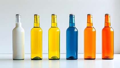 Wall Mural - Vibrant display of colorful bottles in white, yellow, blue, green, and orange against a pristine white background