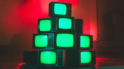 Fototapete - 3d rendered stack of classical old televisions, aged green screen tv monitors, panorama vintage chrome key TVs, vintage video element cinematic red lighting composition dynamic scene