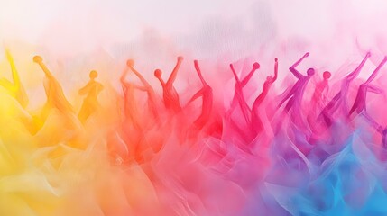 Poster - Abstract pastel-toned figures in motion, dynamic exercise poses, vibrant colors, playful energy, expressive movement in a creative design