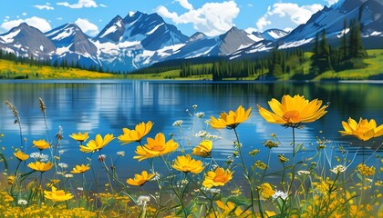 Wall Mural - Serene lake under a bright sun with yellow wildflowers in the foreground and majestic mountains rising in the background.