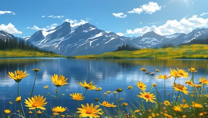 Wall Mural - Serene lake under a bright sun with yellow wildflowers in the foreground and majestic mountains rising in the background.