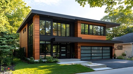 Wall Mural - Modern two-story house with large windows, a black garage door, and wood accents