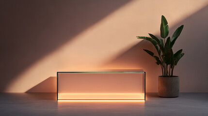 Poster - Minimalist Glass Display Shelf with Plant, Perfect for Product Promotion