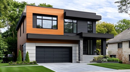 Wall Mural - Modern two-story house with large windows, a black garage door, and wood accents