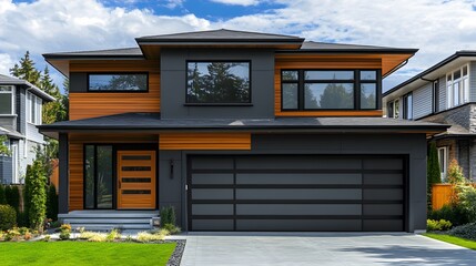 Wall Mural - Modern two-story house with large windows, a black garage door, and wood accents