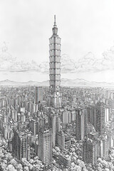 New Taipei City, Taiwan, black and white pen pencil hand-drawn effect portrait drawing illustration for travel poster, card, wallpaper, backdrop or banner. Modern, clear, artistic and simple