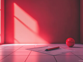 Poster - A red marker resting on checklist in minimalist design creates striking visual against vibrant red wall. scene evokes sense of focus and creativity