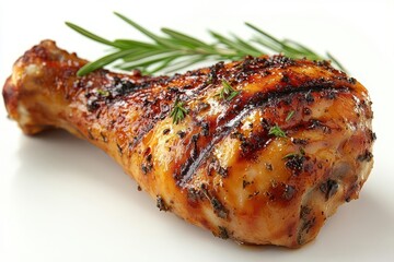 succulent grilled chicken leg with perfect grill marks juicy meat glistening wisp of steam rising isolated on crisp white background