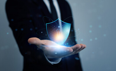 Poster - Cyber security protection concept. Protecting herself from cyber attacks and personal data.Portection data access.Secure access and encrypted connection.